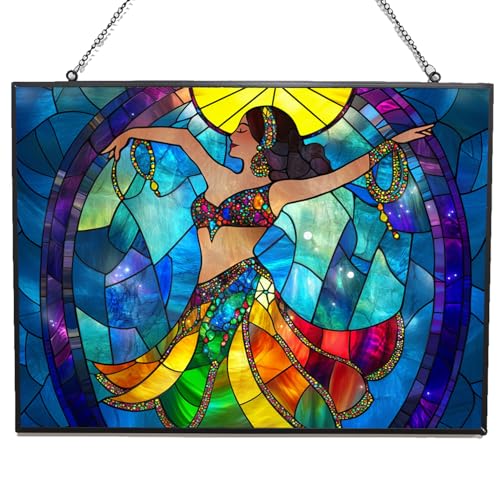 365CUSGIFTS Rectangle Mosaic Belly Dancer Stained Glass Window Hanging Customized Suncatcher Glass Panel with Metal Chain Sun Catchers Wall Art Home Decor Gift for Women Mothers Day