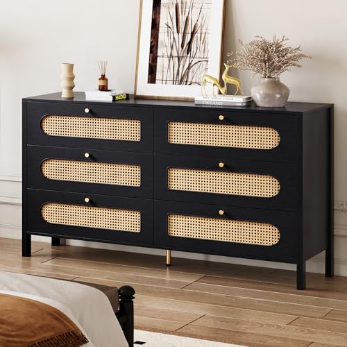 DWVO Natural Rattan 6 Drawer Dresser-Wooden Black Boho Double Dresser Chest of Drawers with Golden Handles-Modern Large Closet Dressers Storage Cabinet for Living Room/Hallway/Entryway
