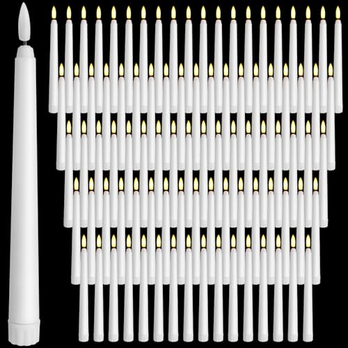 Image of Baquler 100 Pcs 8.5 Inch Flameless Taper Candles Battery Operated Taper Candles Bulk LED Flickering White Candlesticks for Wedding Church Table Centerpiece Halloween Christmas Party Decor