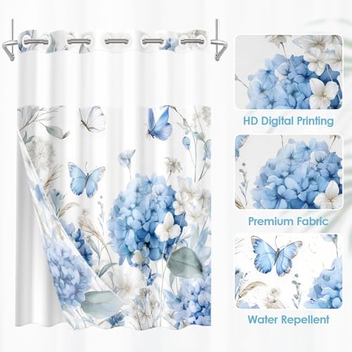 Nesphy No Hook White Floral Butterfly Shower Curtain with Snap in Fabric Liner Set, Blue Flower Hydrangea Double Layers Waterproof Fabric with See Through Window Bath Curtain 71x74 Inch by Nesphy - Used condition - Image 4