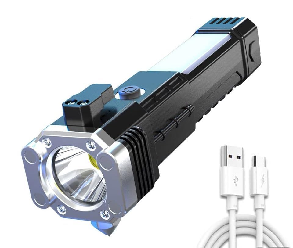 LED 3W Torch Light Rechargeable Torch Flashlight,Long Distance Beam Range Car Rescue Torch with Hammer Window Glass and Seat Belt Cutter Built in Mobile USB Fast Charger Power Bank