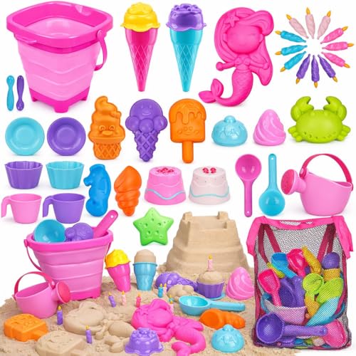 Image of TOY Life 41 Pcs Beach Toys for Kids Ages 4-8 Collapsible Sand Toys Toddlers with Silicone Bucket Shovels & Sand Castle Building Kit Molds, Sandbox Toy Travel, Beach Party, Fishing, Summer Activities