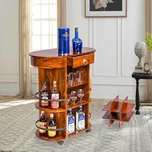 Mewar Furniture Wooden Bar Cabinet for Home | Mini Bar Cabinet Wine Storage Rack with Drawer & Glass Holder | Sheesham Wood - Honey Mahogany
