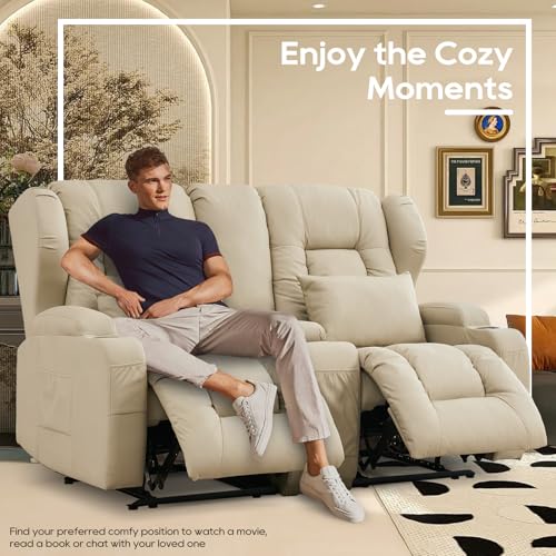 Image of IPKIG 65.3 inch RV Loveseat Recliner Sofa with Storage Console, Leathaire Fabric Wall Hugger Reclining Chair with Cup Holders and Side Pockets, Home Theater Seating Manual Recliner for Living Room (Beige)
