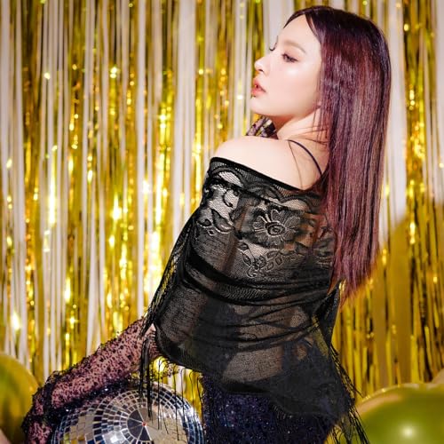 Lace Shawls and Wraps, Women Black Lace Wrap Shawl Triangle Fringe for Evening Dress Wedding Party 81 x 31in2