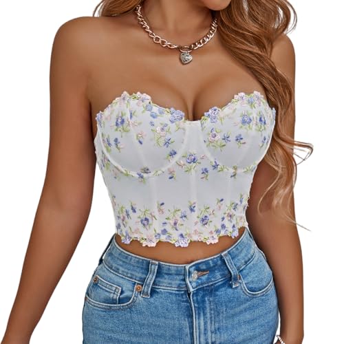 Corset top femme brodé de fleurs avec baleines intégrées et coupe bandeau bustier chic