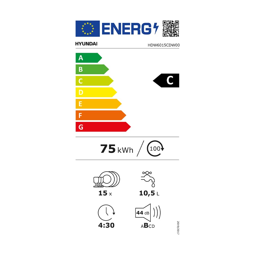 Hyundai Lavavajillas 60cm Blanco HDW6015CDW00. 15 Cubiertos, 3 Bandejas, 7 Programas, Display LED táctil, Función Stop&Go, Eficiencia Energética Clase C
