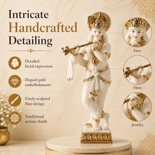 Image of ARMONIA Lord Krishna Idol Marble Dust Statue Murti |Krishana Sculpture for Home Decor,Pooja ghar,Mandir & Gifting Item |Best Gift for Wedding & Housewarming(11.8 inch,White) (Include Microfiber cloth)
