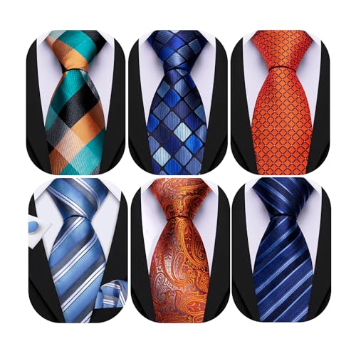Image of Barry.Wang Mens 6 PCS Ties Silk Striped Paisley Check Floral Necktie Silky Woven Wedding Business Party Ties 3.34 inch