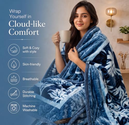 Image of VAS COLLECTIONS 280 GSM Micromink Blanket, 2.5 Kg Premium Soft Warm Cozy Blanket, Plush Floral Printed Blanket for Single Bed, Ultra Soft Comfortable Bedding, 60 x 88 Inches (152 x 220 cm) - Deep Navy