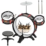 AIYAPLAY Kindertrommelset mit Hocker, Schlagzeug für Kinder ab 3 Jahren, mit Trommeln, Bassdrum, Becken und Drumsticks, für Anfänger, 59,5x31,5x59 cm, Schwarz