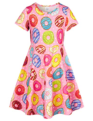 Raisevern Girls Dresses Donut Pattern Short Sleeve Casual Dress Summer Party Swing Sundress For Big Kids Birthday Size 6 7 Pink #TOP11
