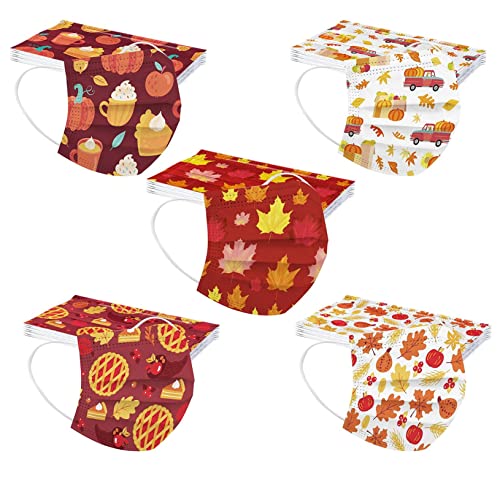 50pcs Kids Thanksgiving Face_Masks – Children Holiday Face_Covering Cute Turkey Maple Leaf Printed 3Ply Face Bandanas for Outdoor School (Multicolor21)