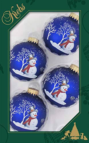 Dekohelden24 Lauschaer Christbaumschmuck - 4er Set Kugeln in blau mit Schneemann, 7 cm, mit goldenem Krönchen