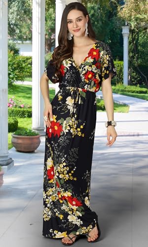 KOH KOH Petite Womens Long Summer Floral Flower Print Sexy Kaftan Caftan Beach Casual Flowy Hawaiin Sun Cover-up Sundress Sundresses Gown Gowns Maxi Dress Dresses, Dark Navy Blue S 4-6 - Thumbnail 3