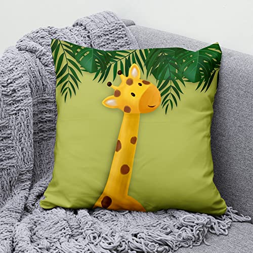 Ofila Cartoon Animals Throw Pillow Covers 16×16 Set Of 4, Kids Pillowcase Jungle Animals Green Leaves Zoo Animals Pillow Covers Set For Living Room Sofa Couch Linen Fabric Decorative Pillowcase #TOP3