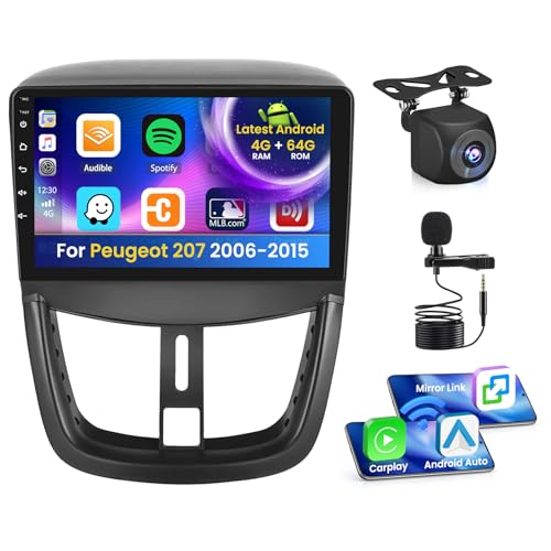Inefala 4+64G Stereo para Peugeot 207 2006-2015 Android 15 con Wireless Carplay y Android Auto, 9'' Radio Pantalla con Bluetooth 32EQ GPS FM/RDS SWC AHD Cámara Inversa