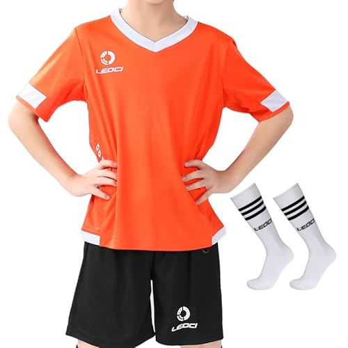 Leoci Boy's Soccer Jersey Kids Unisex Girls Football Jersey/Shorts/Socks Kit Orange/Black #TOP4