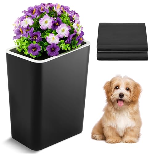 Image of Jingmore Dog Poop Trash Can Outside 3.96 Gal / 15 L Plant Styled Dog Waste Trash Can with Lid 50 Waste Bags Outdoor Indoor Poop Container Slim Garbage Bin for Yard Garden Pet(Purple Flower Black)