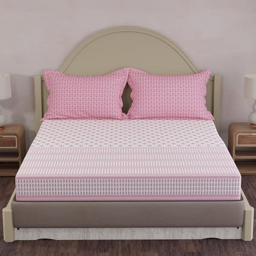 Image of Layers 100% Cotton King Size Bedsheet Set | Pink Ethnic Print | 120 TC Forever Collection | Soft & Breathable | Washable Bedsheet with 2 Pillow Covers | All Season