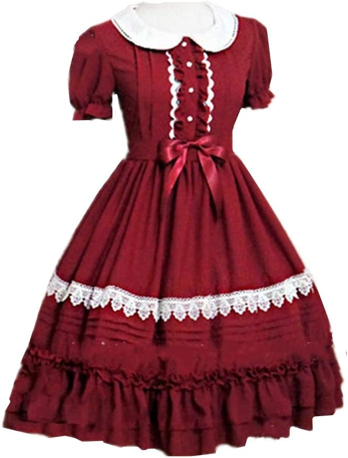 Momo store Womens Girls Bow Tie Ruffle Dress Medieval Gothic Lolita Dress Princess Costume Wine Red
