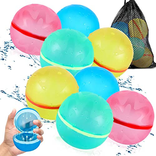SCUATANBE Globos de Agua mixtas de 8 piezas, bolas de salpicaduras reutilizables, bolas de felpa para niños, juego de bolas de diversión acuática para jardines, piscinas y camas elásticas