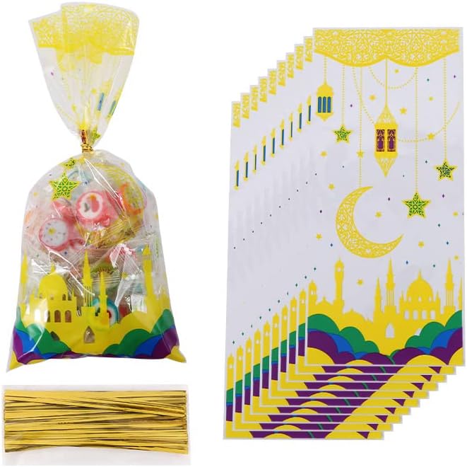 Plastic Cellophane Candy Cookie Treat Goodies Gift Bags 100pcs in 4 Muslim Colors And Castle Moon Star 4 different Patterns With Gold Twist Ties for Eid Mubarak Ramadan Muslim Islamic Eid Iftar Diwali - Image 5