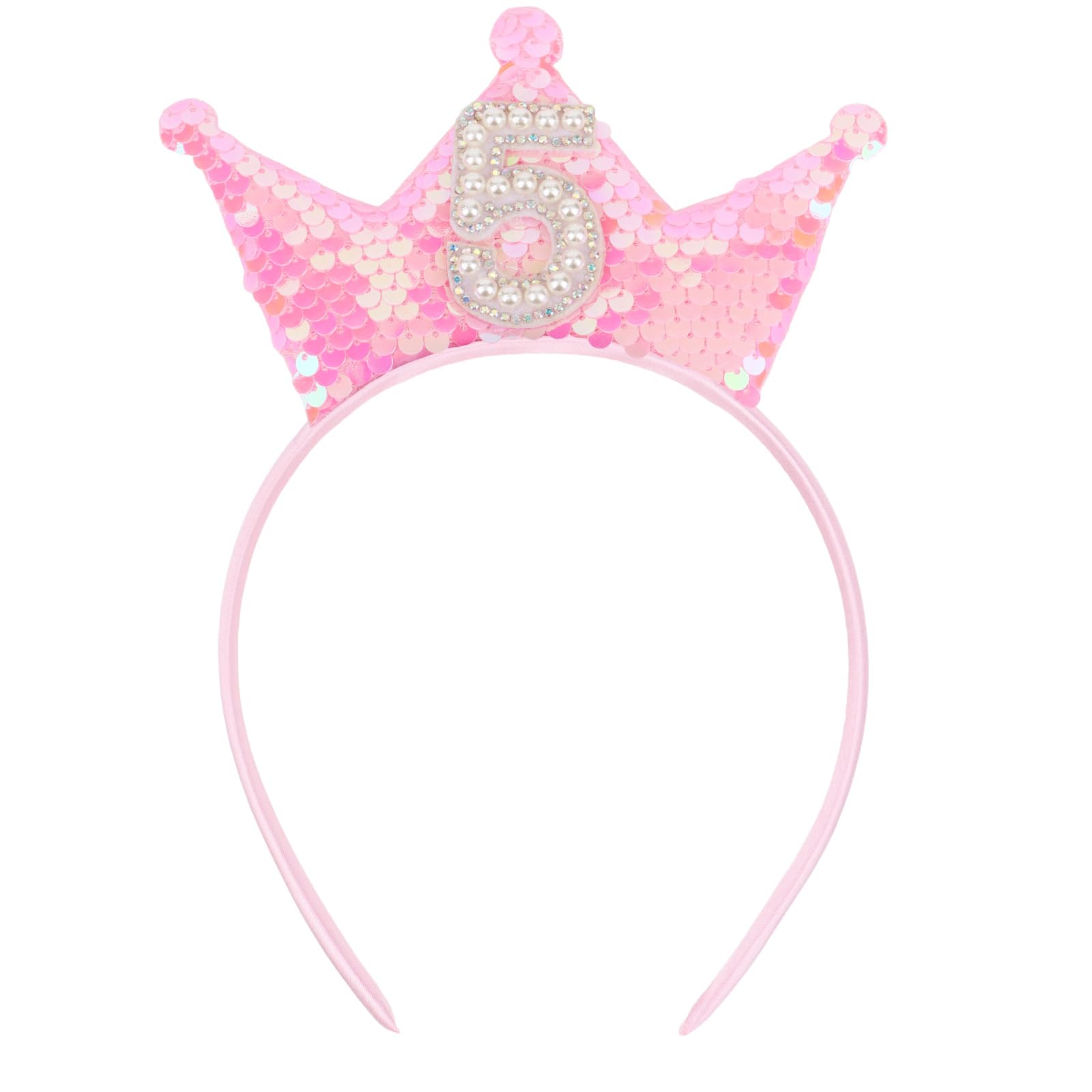 BAHABY Birthday Crown Headband Pink Glitter Birthday Headbands for Girls 5 Year Old Girl Gift 5th B-day Decorations Girl