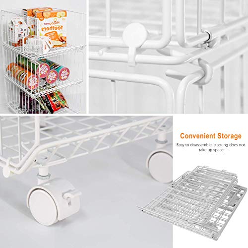 Storage Organizer, Foldable Stackable Storage Bins 3 Tiers Rolling Metal Wire Cart Baskets with 4 Wheels DIY Closet Organizer for Bathroom Bedroom Kitchen Living Room Office - Thumbnail 7
