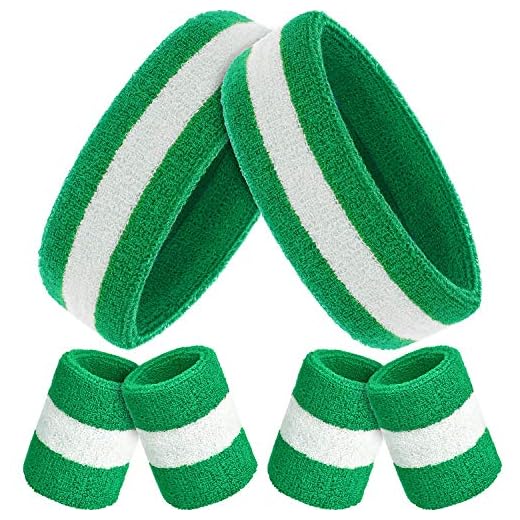 Bememo Sweatbands Set, Includes Sports Headband and Wristbands Sweatbands Colorful Sweatband Set for Men and Women (Chirstmas Color,Green White Green,6 Pieces)
