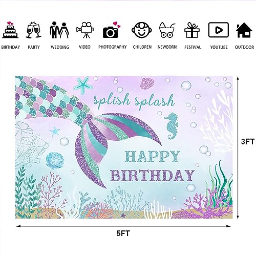 Lofaris 5x3ft Mermaid Happy Birthday Backdrop Fish Tail Theme Background for Kids Girl Under The Sea Splish Splash Oneder The Sea 1st Bday Photography Party Decoration Purple Banner Supplies - Thumbnail 6