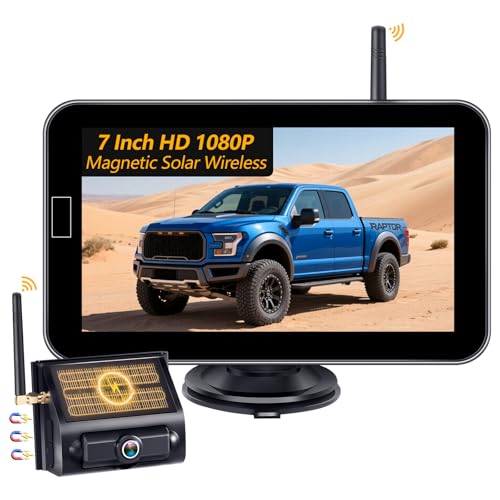 Magnetic Wireless Backup Camera for Truck: Solar 7″ 1080P HD Rear View System, Easy Install, DIY Guide line, IP69K Waterproof, Gesture Control, Timed Sleep Mode, 150°Wide Angle View