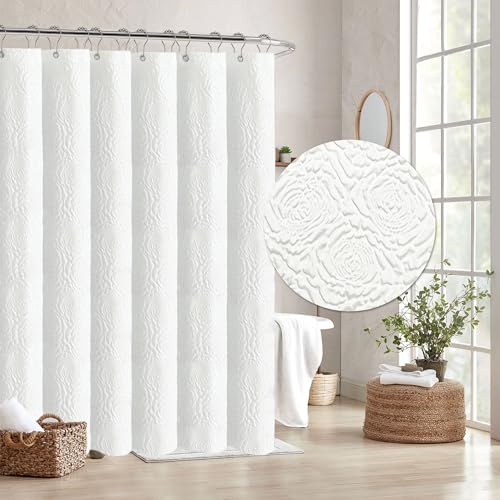 Tititex White 3D Embossed Floral Textured Fabric Shower Curtain for