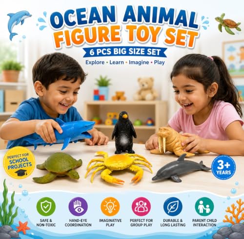 Image of 6-Pcs Aquatic & Sea Animal Toy Set for Kids 2+ Years | Penguin, Shark, Crab & More | Educational Ocean Life Action Figures | Birthday Gift for Boys & Girls