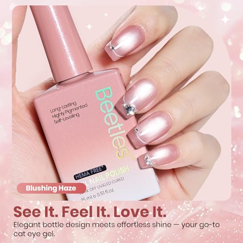 Image of Beetles Blushing Haze Pink Cat Eye Gel Nail Polish - 15ML Full Size Gel Polish Glitter Pink Cat Eye Magnetic Translucent Glassy Effect Soak Off UV French Nail Art Manicure Gift for Wome
