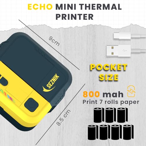 Image of SEZNIK Mini Printer, Inkless, Thermal, Bluetooth, Portable Printer, Compatible Android, iOS Mobile. 1 Year Warranty (Echo-GoldenYellow)