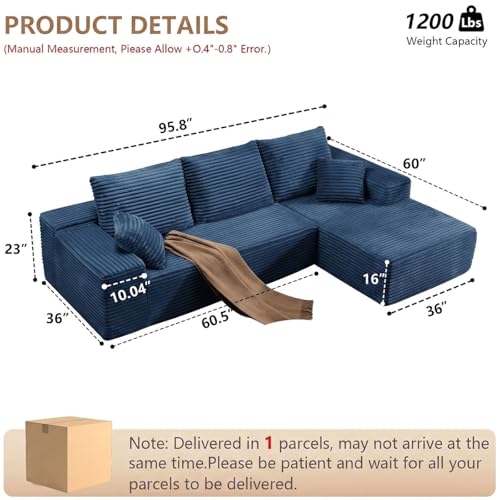 Image of Sectional Couches for Living Room Cloud Couch Sofa with L-Shape Couch in a Box Upholstered Boneless Couchs Modern Modular Sectional Couch with Chaise (Blue,B-3 Seater-Right-Facing Chaise-96 inch)
