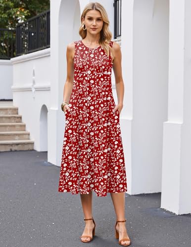 Image of HOTOUCH Summer Casual Dresses for Women Sleeveless Midi Dress Swing Tank Sundress Pleated Tshirt Dress with Pockets