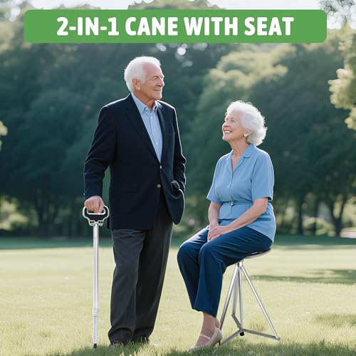 Image of ALEVMOOM Walking Cane with Seat Folding Lightweight, 2-in-1 Cane Stool for Adults, Aluminum Walking Stick with Seat, Stick Chair Portable Stool for Senior