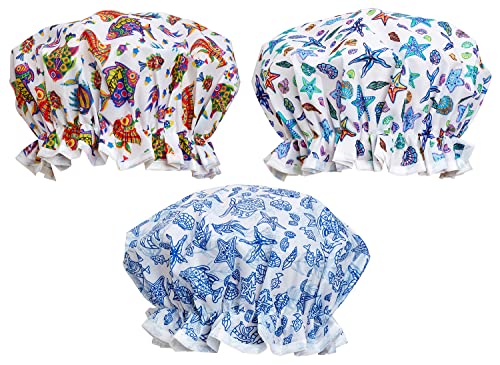 Bodylife Shower Caps 3 Pack Double Layered Reusable Bath Caps Deep Sea Adventure