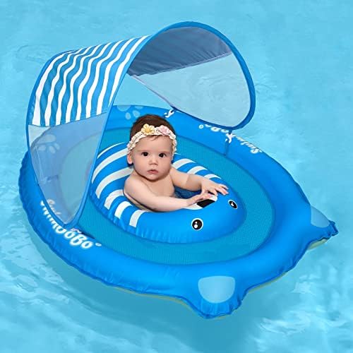 Swimbobo Baby Pool Float Ring with Adjustable Sun Canopy and Safety Seat Blue Bear Pool Toy for Age of 3-36 Months (Blue Bear)