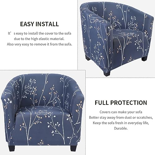 Image of SearchI Club Chair Slipcover Stretch Barrel Chair Covers Printed Tub Chair Slipcovers Spandex Armchair Sofa Cover Removable Couch Furniture Protector Arm Chair Cover for Living Room(Grey Blue+Leaves)