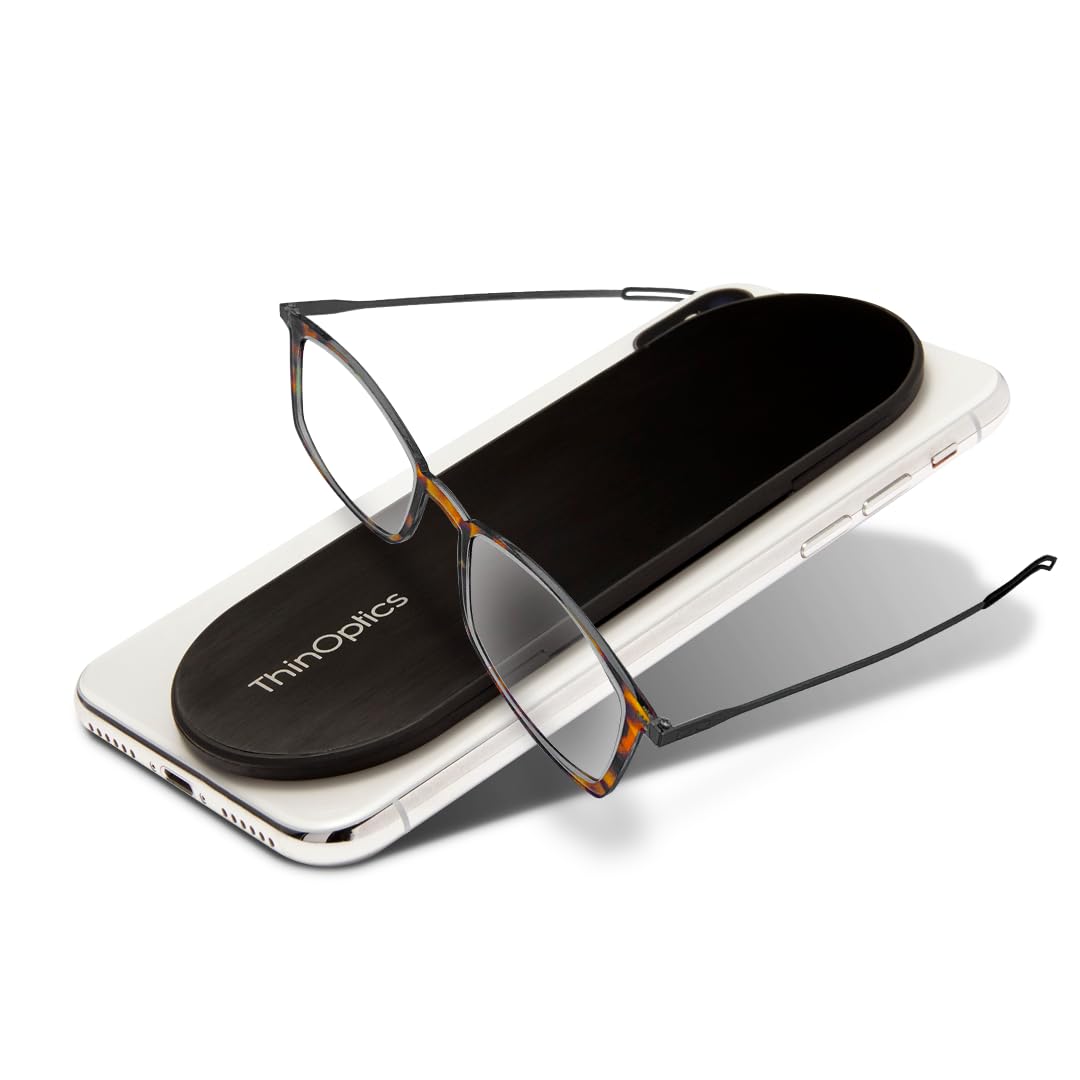 ThinOptics Reading Glasses + Attachable Case - Rectangular Tortoise, 2.0x