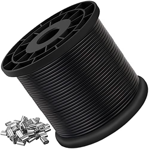 Wire Rope 304 Stainless Steel Wire Cable Black Vinyl Coated, Outdoor Light Guide Wire, Suitable for String Lights, Clotheslines, 1/16 Inch Overmolded to 3/32 Inch 200ft