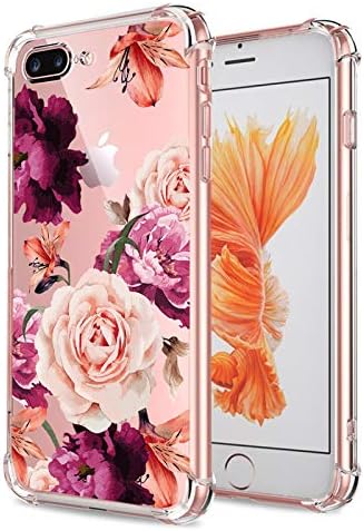 KIOMY iPhone 7 Plus 8 Plus Case Women Flowers Floral Pattern Bumper Shockproof Protective Back Cover Flexible Slim Fit Soft TPU Rubber Silicone Cell Phone Cases Clear with Cute Purple Rose Design Girl