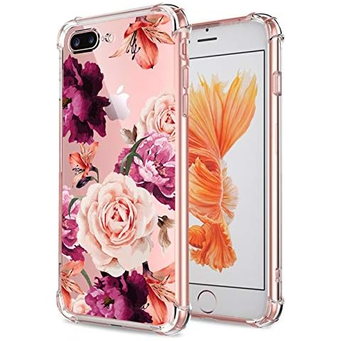 KIOMY iPhone 7 Plus 8 Plus Case Women Flowers Floral Pattern Bumper Shockproof Protective Back Cover Flexible Slim Fit Soft TPU Rubber Silicone Cell Phone Cases Clear with Cute Purple Rose Design Girl Cover