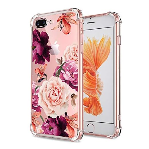 KIOMY iPhone 7 Plus 8 Plus Case Women Flowers Floral Pattern Bumper Shockproof Protective Back Cover Flexible Slim Fit Soft TPU Rubber Silicone Cell Phone Cases Clear with Cute Purple Rose Design Girl