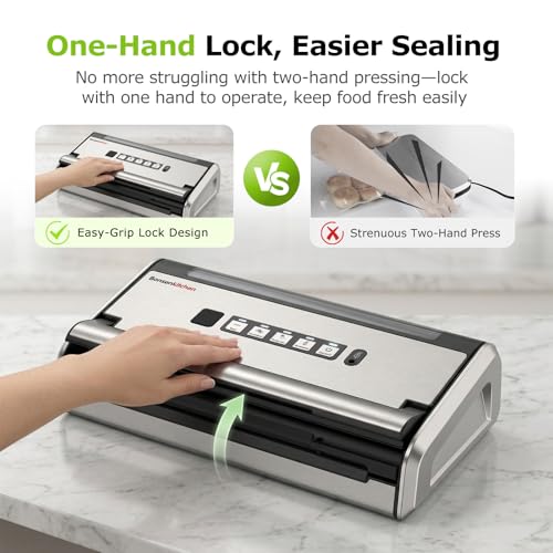 Image of Bonsenkitchen Vacuum Sealer for Food, One-Hand Operation Food Vacuum Sealer Machine with Digital Timer, 0.2-inch Wider Seal, Built-in Cutter and Bag Storage for Meal Prep, 1 Roll Bag & 10 Pre-Cut Bags