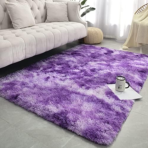 Astorug Fluffy Shaggy Rug Dorm Carpet Area Rug for Bedroom Living Room Bedside Rug for Kids Room Non-Slip Nursery Rug Home Decor Rectangle Fuzzy Rugs,Tie-Dyed Purple,3×5 Feet