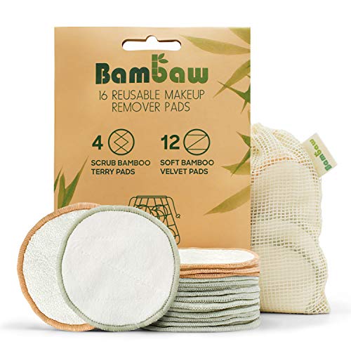 Bambaw Reusable Cotton Rounds for Face, 16 Rounds with 1 Bag for Laundry & Storage, Reusable Cotton Pads for Face, Soft & Exfoliating Eye Makeup Remover Pads